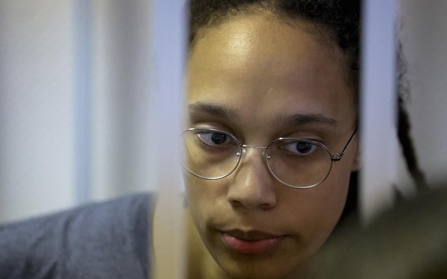 WNBA star and two-time Olympic gold medalist Brittney Griner stands in a cage in a courtroom prior to a hearing in Khimki just outside Moscow, Russia, Thursday, Aug. 4, 2022. Closing arguments in Brittney Griner’s cannabis possession case are set for Thursday, nearly six months after the American basketball star was arrested at a Moscow airport in a case that reached the highest levels of US-Russia diplomacy.