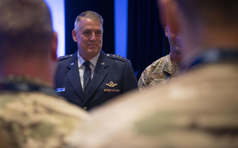Gen. Mike Minihan, commander of Air Mobility Command, presents the Mobility Manifesto at the 2022 Air, Space & Cyber Conference in Oxon Hill, Md., Sept 21, 2022. During the speech he laid out the role of the mobility air forces in projecting, connecting, maneuvering and sustaining the joint force, as well as the consequences if mobility fails. 