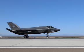 An F-35 C Lightning II at a naval air station.