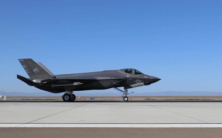 An F-35 C Lightning II at a naval air station.