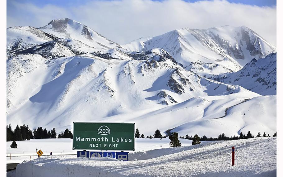 The Sierra Nevada mountains around Mammoth Lakes, California, are caked with snow. 