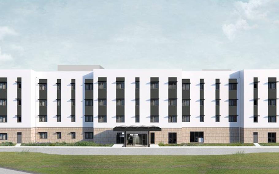 A drawing of the future Baumholder Army Lodge at Smith Barracks in Baumholder, Germany. A groundbreaking ceremony was held Nov. 3, 2023, for the building, which will replace the Lagerhof Inn.