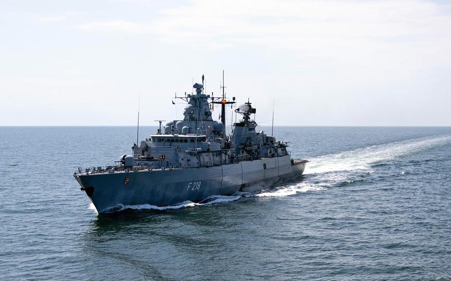 The German navy frigate Mecklenburg-Vorpommern sails the Baltic Sea in July 2023. Germany, Italy and France are proposing to form a European Union Red Sea task force to defend shipping in the Middle East, as the U.S.-led Operation Prosperity Guardian continues in the area. 