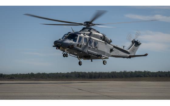 The MH-139A Grey Wolf lands at Duke Field, Fla., Dec. 19, 2019, before its unveiling and naming ceremony. The aircraft is set to replace the Air Force's fleet of UH-1N Huey aircraft and has capability improvements related to speed, range, endurance and payload. (U.S. Air Force photo by Samuel King Jr.)