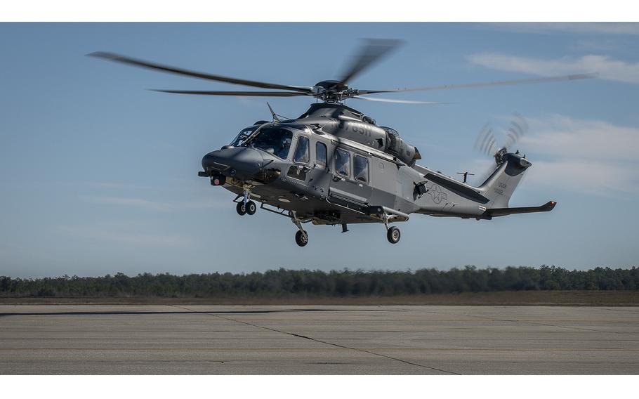 The MH-139A Grey Wolf lands at Duke Field, Fla., Dec. 19, 2019, before its unveiling and naming ceremony. The aircraft is set to replace the Air Force’s fleet of UH-1N Huey aircraft and has capability improvements related to speed, range, endurance and payload.
