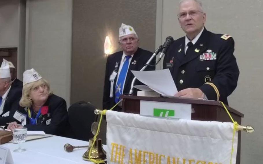 Retired U.S. Army Lt. Col Barnard Kemter repeats his Memorial Day address July 10 at the American Legion Department of Ohio's annual convention.