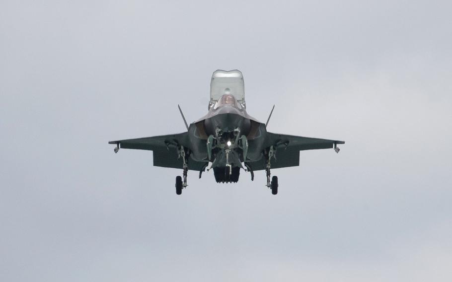 A U.S. Marine Corps. F-35B Lightning II fighter jet performs maneuvers during the Singapore Airshow in Singapore on Feb. 11, 2020.