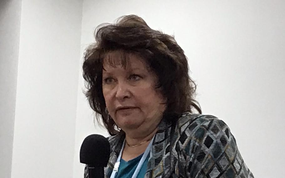 Lorna Nielsen Murray speaks about her father's experiences as a prisoner of war, during an event at Temple University, Japan Campus, in Tokyo, Tuesday, Feb. 14, 2023.