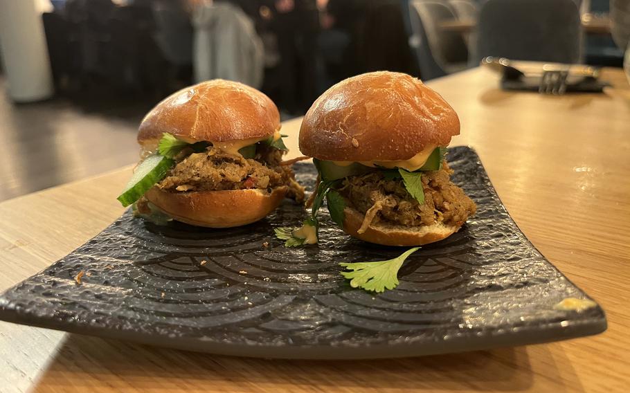 The banh mi brioche burger at Masons in Kaiserslautern, Germany. The hot spice overwhelmed the more delicate flavors -- better to go with the Nomad Burger instead. 