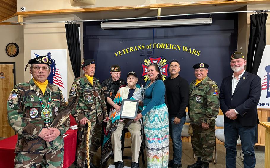 Family, friends and fellow tribal members from the Lac Courte Oreilles Band of Lake Superior Ojibwe showed up with a throng of military veterans to celebrate Neil Korn and thank him for his Army service.