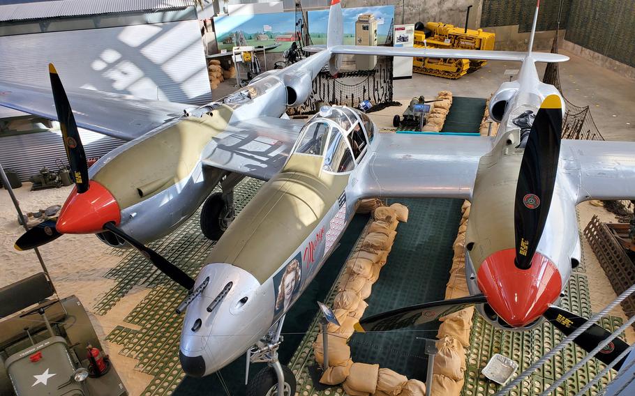 A P-38 Lightning fighter, with markings replicating the original Marge aircraft, sits on display at the Richard Bong WWII Heritage Center in Superior, Wis.