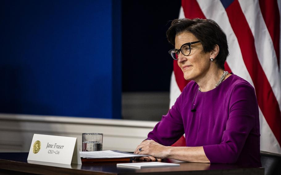 Jane Fraser, chief executive officer of Citigroup, during a meeting with President Joe Biden in Washington, D.C., on Oct. 6, 2021. 