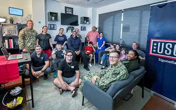 Service members and their families tune in from Naval Air Station Sigonella, in Sicily, on May 23, 2024 to ask Pratt questions and get a sneak peek of the new “Garfield” movie.”