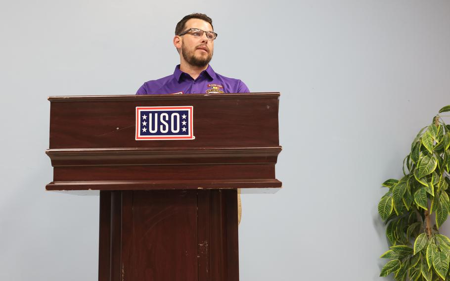 David Long, who was awarded the Purple Heart in 2006, endured years of medical appointments, therapy sessions and nightmares, he said in a speech at a Purple Heart Day event at Camp Arifjan, Kuwait, on Aug. 7, 2022.