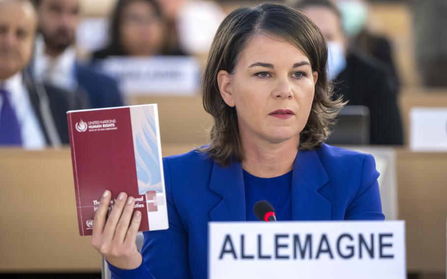 German Foreign Minister Annalena Baerbock attends a special Human Rights Council session at the European headquarters of the United Nations in Geneva, Switzerland, Thursday, Nov. 24, 2022. 