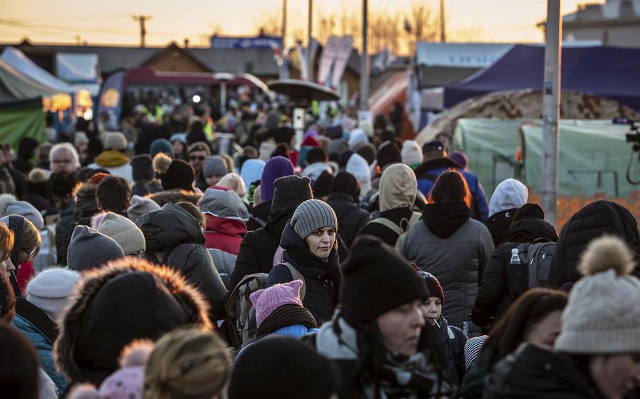 Ukrainian refugees at the Medyka border crossing in Medyka, Poland, on March 18, 2022. 