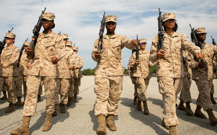 Recruits with Lima Company, 3rd Recruit Training Battalion practice drill formations on the Peatross Parade Deck on Marine Corps Recruit Depot Parris Island, S.C., July 25, 2023. Recruits learn close-order drill as a means of instilling discipline, teamwork and spatial awareness and as a base to execute combat formations.