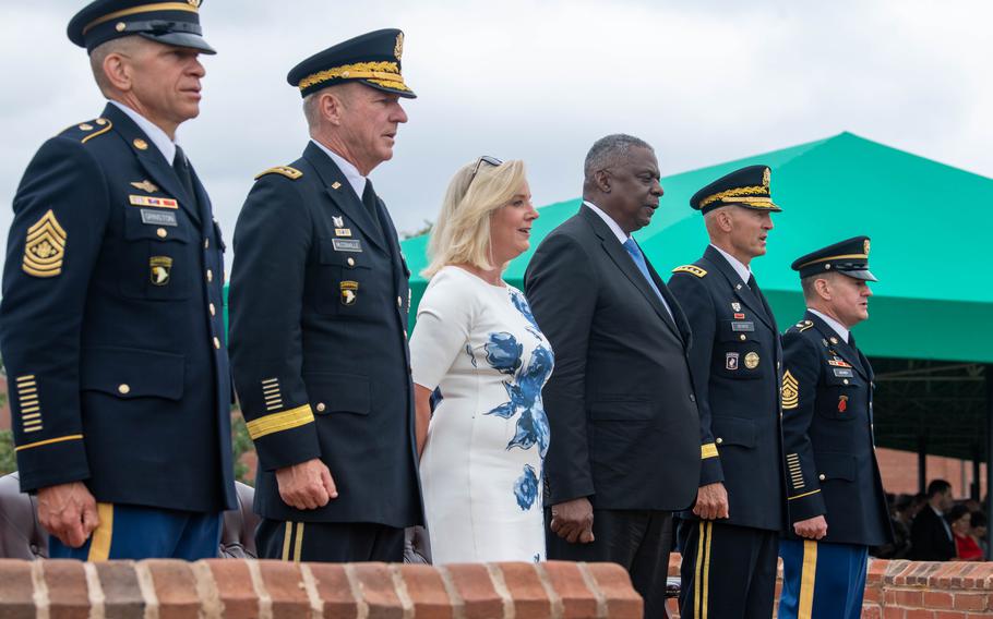 From left, Sgt. Maj. of the U.S. Army Michael A. Grinston, Chief of Staff of the U.S. Army Gen. James C. McConville, Secretary of the Army Christine Wormuth, Defense Secretary Lloyd Austin, Gen. Randy A. George, vice chief of staff of the Army, and incoming Sgt. Maj. of the Army Michael R. Weimer participate in the chief ofstaff of the Army and sergeant major of the Army change of responsibility ceremony at Joint Base Myer-Henderson Hall in Arlington, Va., Friday, Aug. 4, 2023.