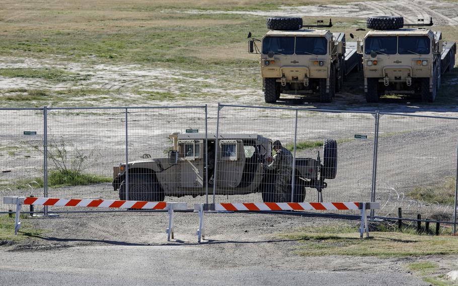 Texas Department of Public Safety officers guard an entrance to Shelby Park in in Eagle Pass, Texas, on Jan. 11, 2024.