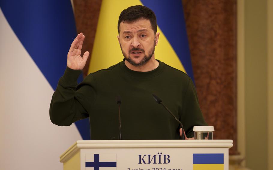 Ukraine’s President Volodymyr Zelenskyy gestures during a press conference in Kyiv, Ukraine, Wednesday, April 3, 2024. Ukrainian counterintelligence investigators have foiled a Russian plot to assassinate Zelenskyy and other top military and political figures, Ukraine’s state security service said Tuesday, May 7, 2024.