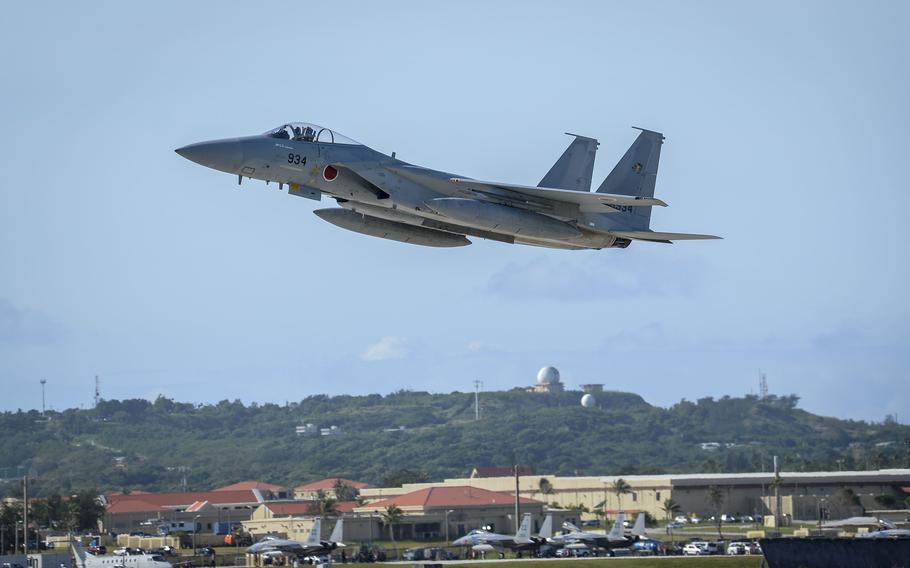 An F-15J Eagle from the Japan Air Self-Defense Force takes off from Andersen Air Force Base, Guam, Feb. 11, 2021. 