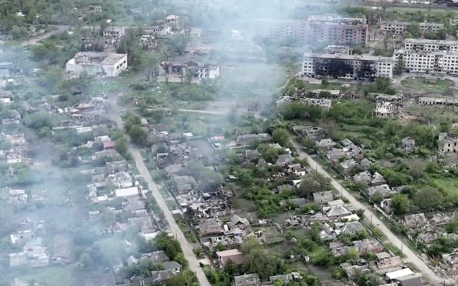This drone footage obtained by The Associated Press shows the village of Ocheretyne, a target for Russian forces in the Donetsk region of eastern Ukraine. Ukraine’s military has acknowledged the Russians have gained a “foothold” in Ocheretyne, which had a population of about 3,000 before the war, but say fighting continues. No people could be seen in the footage, and no building in Ocheretyne appeared to have been left untouched by the fighting. 