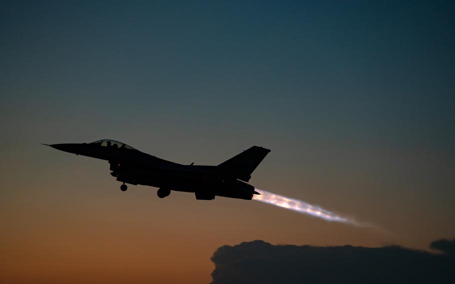 An aircraft takes off.