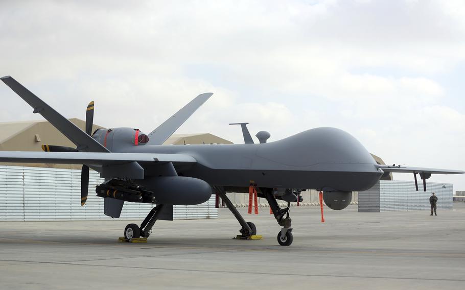 A U.S. MQ-9 drone is on display during an air show at Kandahar Airfield, Afghanistan, Tuesday, Jan. 23, 2018. 