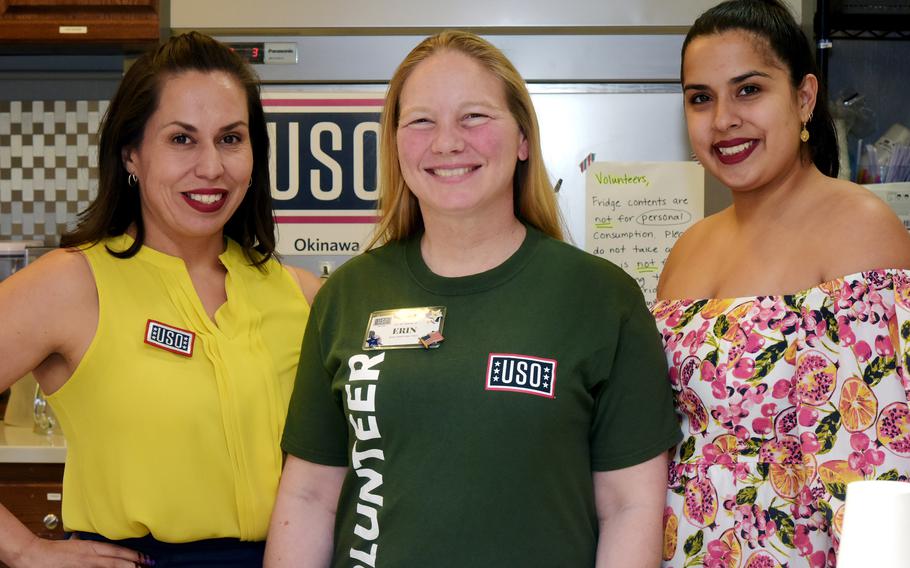 USO volunteers, left to right, Mardie Velasquez, Petty Officer 1st Class Erin Stroup and Melissa Olivares. Stroup received the President’s Volunteer Service Award on March 31, 2022, for her work over the past year at Camp Foster, Okinawa. 