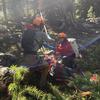 In this photo provided by the Gallatin County, Mont., Sheriff Search and Rescue, members of the search and rescue team hook up rope hanging from a rescue helicopter to a basket holding Rudy Noorlander after Noorlander was mauled by a grizzly bear that bit off his lower jaw, Friday, Sept. 8, 2023. The attack happened in the Custer Gallatin National Forest about 55 miles north of Yellowstone National Park. Noorlander remained hospitalized, Monday, Sept. 11. His daughter said he's doing well, but is expected to be there through October for surgeries. (Gallatin County Sheriff Search and Rescue via AP)