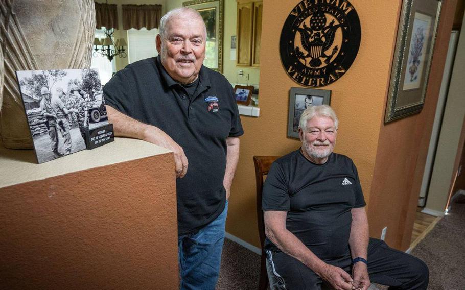 Steve Reed, a Vietnam War recon patrol veteran and former Sacramento police detective, and veteran Gene Burchett discuss in May 2023 the process of collecting VA benefits. Reed has been helping veterans such as Burchett get services from the VA by guiding them through the process of receiving benefits for their service.