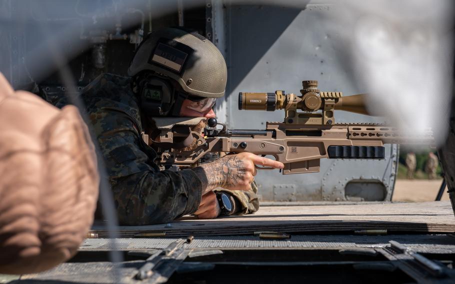 A German soldier sets sights downrange at Hohenfels Training Area in Germany on Aug. 8, 2022. Service members from 18 countries are taking part in a competition at the U.S. Army’s Joint Multinational Readiness Center that will crown the best sniper in Europe. 