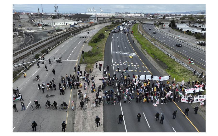 Protesters calling for a cease fire in Gaza shut down southbound traffic on Highway 880 in Oakland, Calif. on Monday, April 15, 2024. 