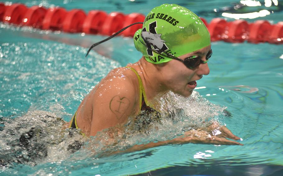 Naples' Ava Epperly competes in the girls 13-to-14-year-old 100-meter breaststroke race on Saturday during the European Forces Swim League Short Distance Championships at the Pieter van den Hoogenband Zwemstadion at the Zwemcentrum de Tongelreep.