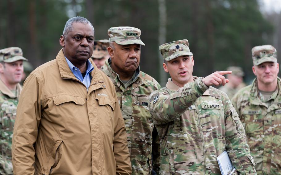 Secretary of Defense Lloyd J. Austin III meets with soldiers assigned to 2nd Brigade Combat Team, 1st Infantry Division and U.S. Army Europe and Africa’s 7th Army Training Command supporting combined arms training of Ukrainian Armed Forces battalions in Grafenwoehr, Germany, Feb. 17, 2023. This week, the first Ukrainian battalion completed training on the M2 Bradley Fighting Vehicle, representing the continuation of a world-wide effort led by the U.S. and supported by more than 50 nations to help Ukraine defend itself from Russia’s brutal and unprovoked war, which began nearly one year ago. 