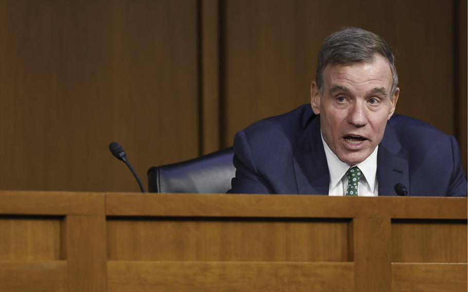 Senator Mark Warner, a Democrat from Virginia, speaks during a Senate Banking, Housing, and Urban Affairs Committee hearing in Washington, D.C., on June 22, 2022.