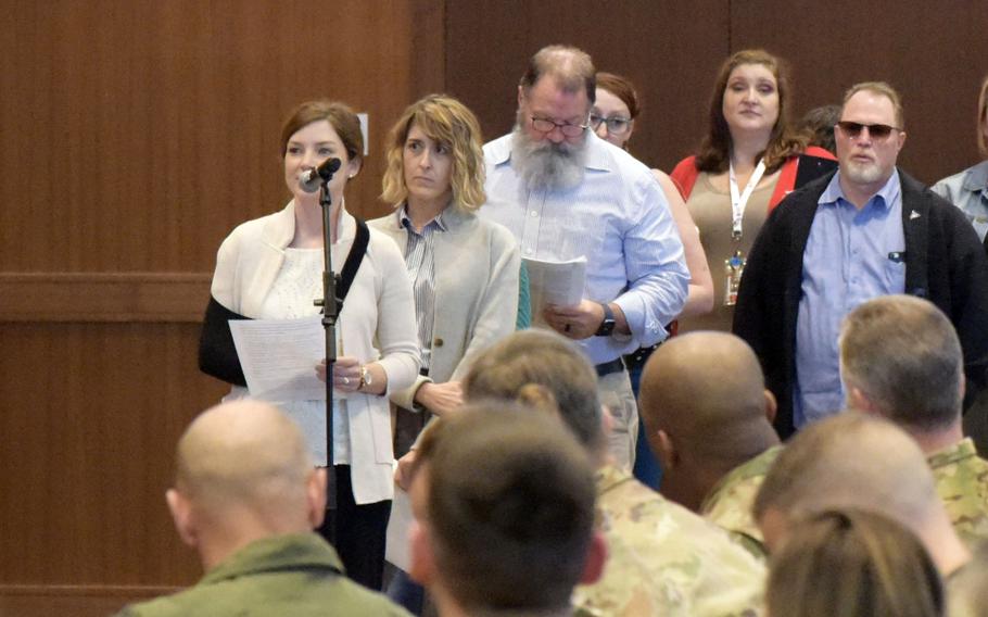 Kelly Pretorius, an administrator for the Okinawa Civilian Medical Forum on Facebook, speaks during a health care town hall at Kadena Air Base, Okinawa, Feb. 1, 2023.