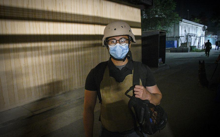 Stars and Stripes reporter J.P. Lawrence prepares to board a helicopter and head to the airport in Kabul, Afghanistan, Aug. 14, 2021.