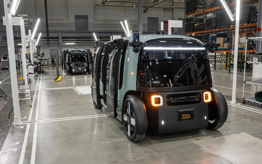 Zoox Inc., autonomous vehicles at the company’s manufacturing facility in Fremont, Calif., U.S., on Thursday, April 7, 2022. Zoox is a subsidiary of Amazon developing autonomous vehicles that provide Mobility-as-a-Service.