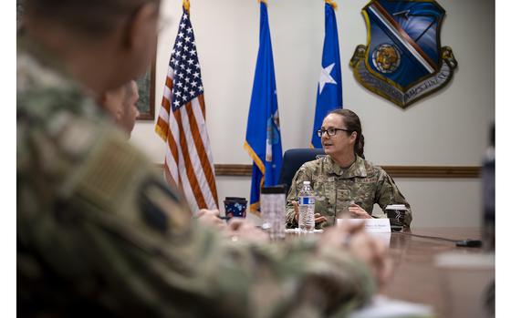 Maj. Gen. Stacy Huser, 20th Air Force commander, hosts an all-call with Kirtland nuclear and missile operations officers, missile and space systems maintenance specialists, and munitions and missile maintenance airmen at Kirtland Air Force Base, N.M., on Feb. 9, 2024. 