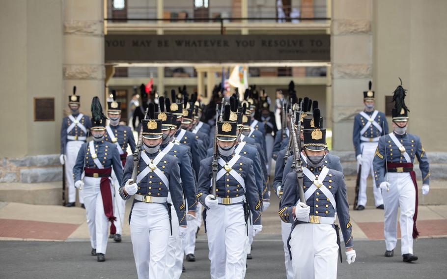 The Corp of Cadets march out of the barracks for a change-of-command ceremony at WMI in Lexington, Va., in May. MUST CREDIT: Photo for The Washington Post by Parker Michels-Boyce