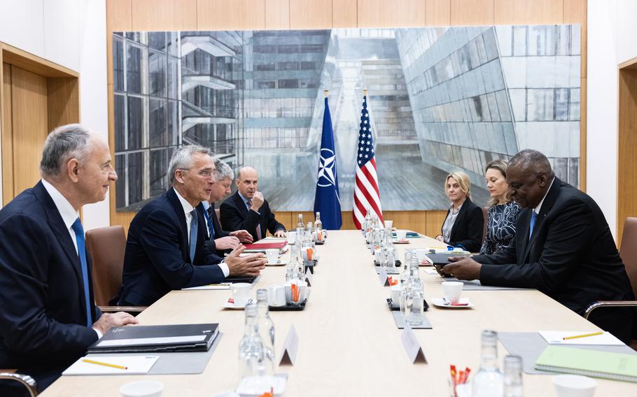 NATO Secretary-General Jens Stoltenberg meets with U.S. Defense Secretary Lloyd J. Austin for a bilateral meeting in Brussels, Oct. 12, 2023. Austin said the U.S. is committed to providing Israel what it needs to defend itself in the wake of Hamas' recent attack on its territory. 