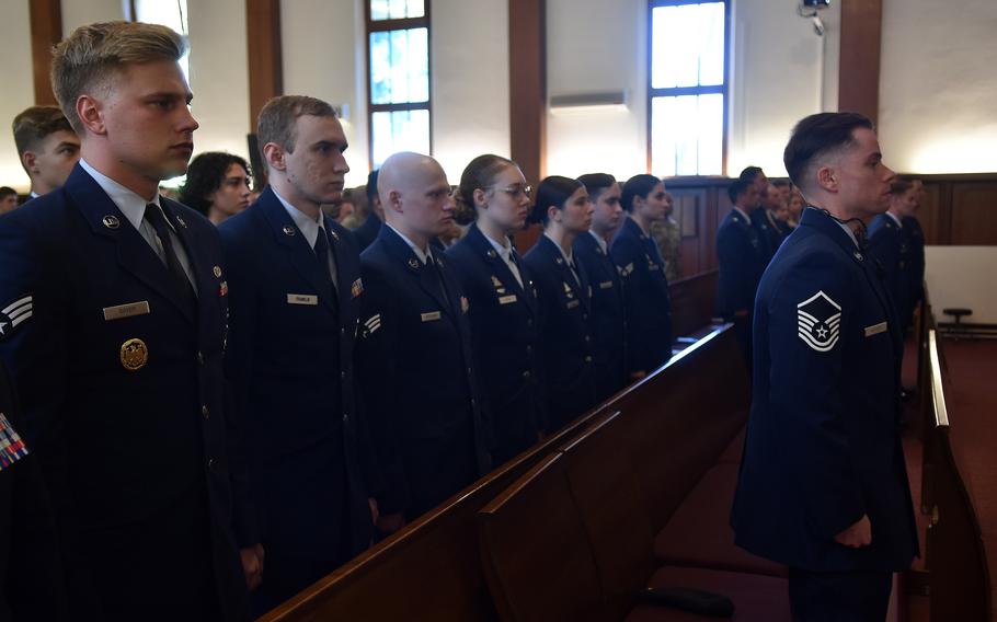 Airmen with the 569th U.S. Forces Police Squadron stand at attention during a memorial service  Sept. 26, 2023, for colleague Senior Airman Christopher Rocha, who died earlier this month. Rocha was injured in a head-on collision Aug. 18 near Ramstein Air Base, Germany. The crash is still under investigation.