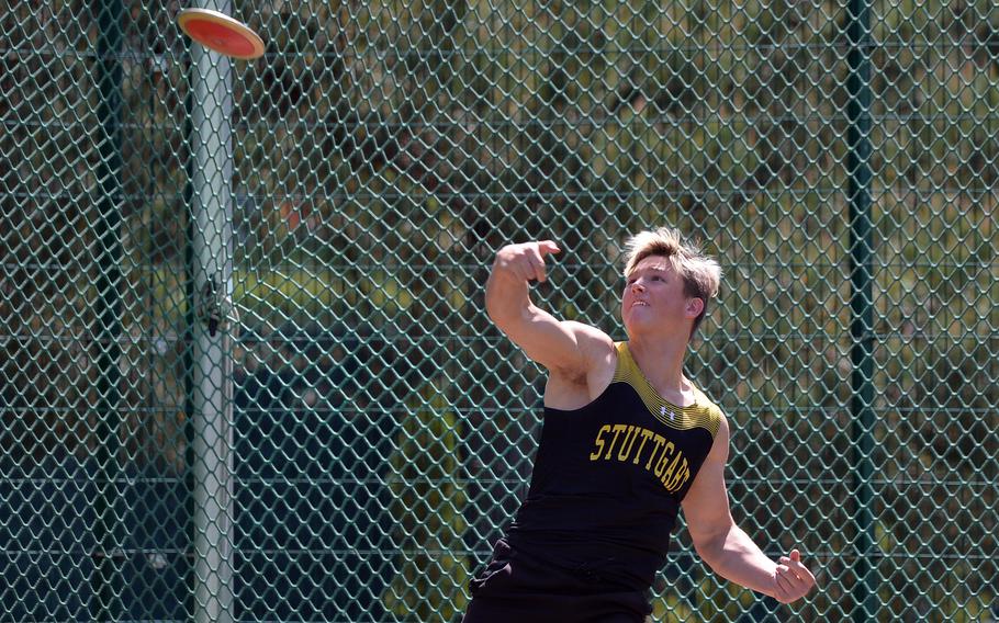 Stuttgart’s Jack Gruver won the discus event at the DODEA-Europe track and field championships in Kaiserslautern, Germany, May 19, 2023, with a throw of 134-02.