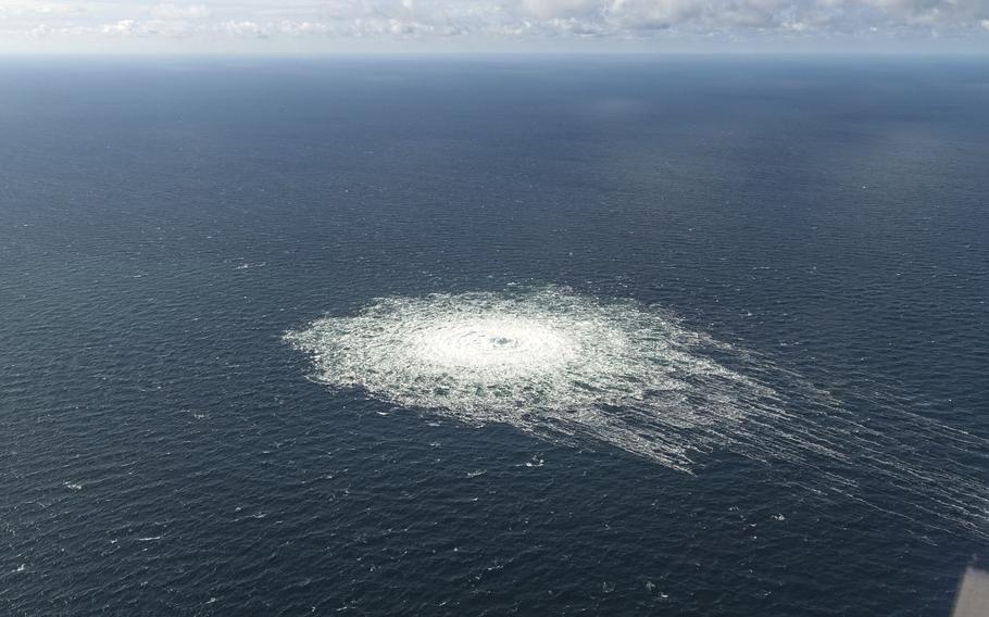 A large disturbance in the sea can be observed off the coast of the Danish island of Bornholm on Tuesday, Sept. 27, 2022  following a series of unusual leaks on two natural gas pipelines running from Russia under the Baltic Sea to Germany have triggered concerns about possible sabotage. 