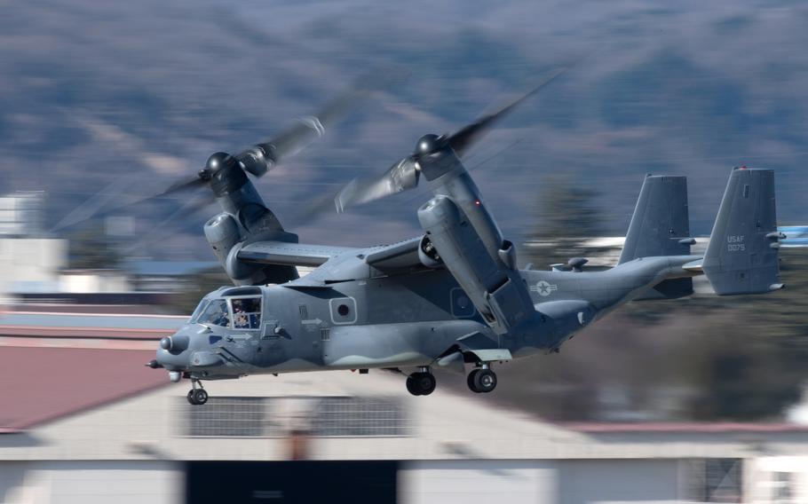 A CV-22 Osprey assigned to the 21st Special Operations Squadron takes off at Yokota Air Base, Japan, Jan. 8, 2021, during a training mission.