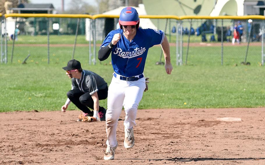 Ramstein's Jackson Arthaud advances to third base during the first game of a doubleheader against Wiesbaden on April 6, 2024, on Clay Kaserne in Wiesbaden, Germany.