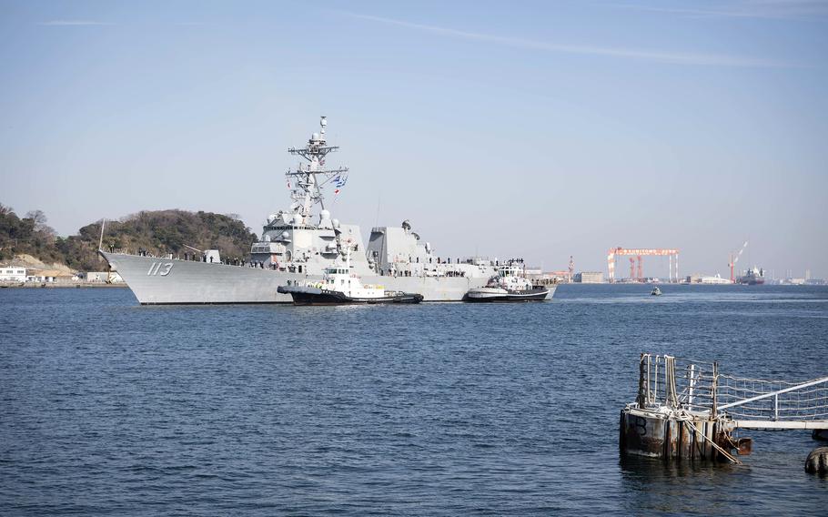 The destroyer USS John Finn arrives at its new homeport, Yokosuka Naval Base, Japan, March 4, 2023.