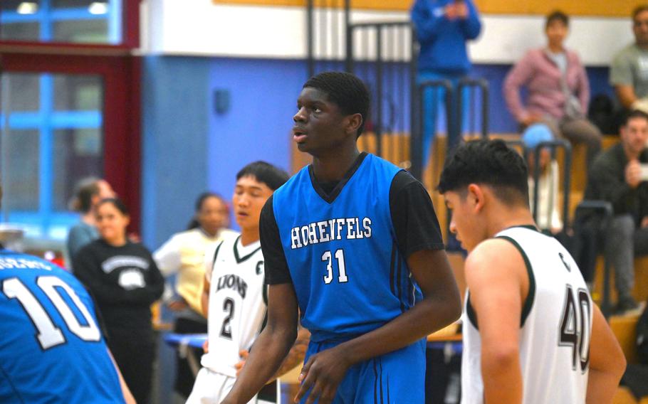 Hohenfels’ Joel Idowu shoots free throws during a game against AFNORTH at Hohenfels High School on Jan. 13, 2024.