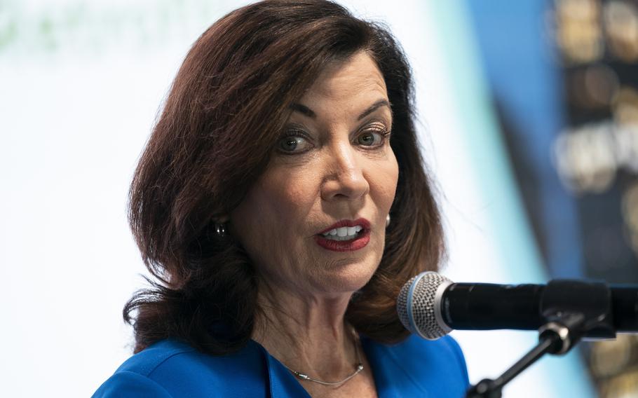 New York Gov. Kathy Hochul speaks during an event to mark Earth Day with announcements on the environmental improvements on the infrastructure of the Empire State Building, Thursday, April 21, 2022, in New York. Hochul tested positive for COVID-19 on Sunday, May 8, 2022, saying she will isolate and work remotely during the week.
